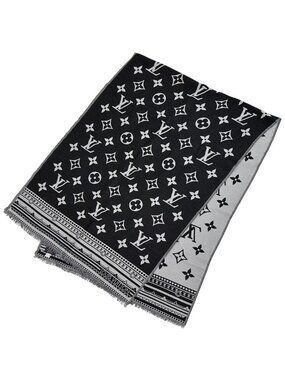 Louis Vuitton Scarf Shawl Monogram Wool Silk Etole Amazing Gram Black Gray Large